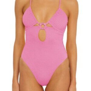 Isabella Rose Maza Ribbed Nylon One-Piece Swimsuit, Pink, Size S